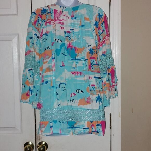 Crown & Ivy ocean beachy 3/4 Sleeve Crochet Peasant Top  Sz 1X - Picture 5 of 6